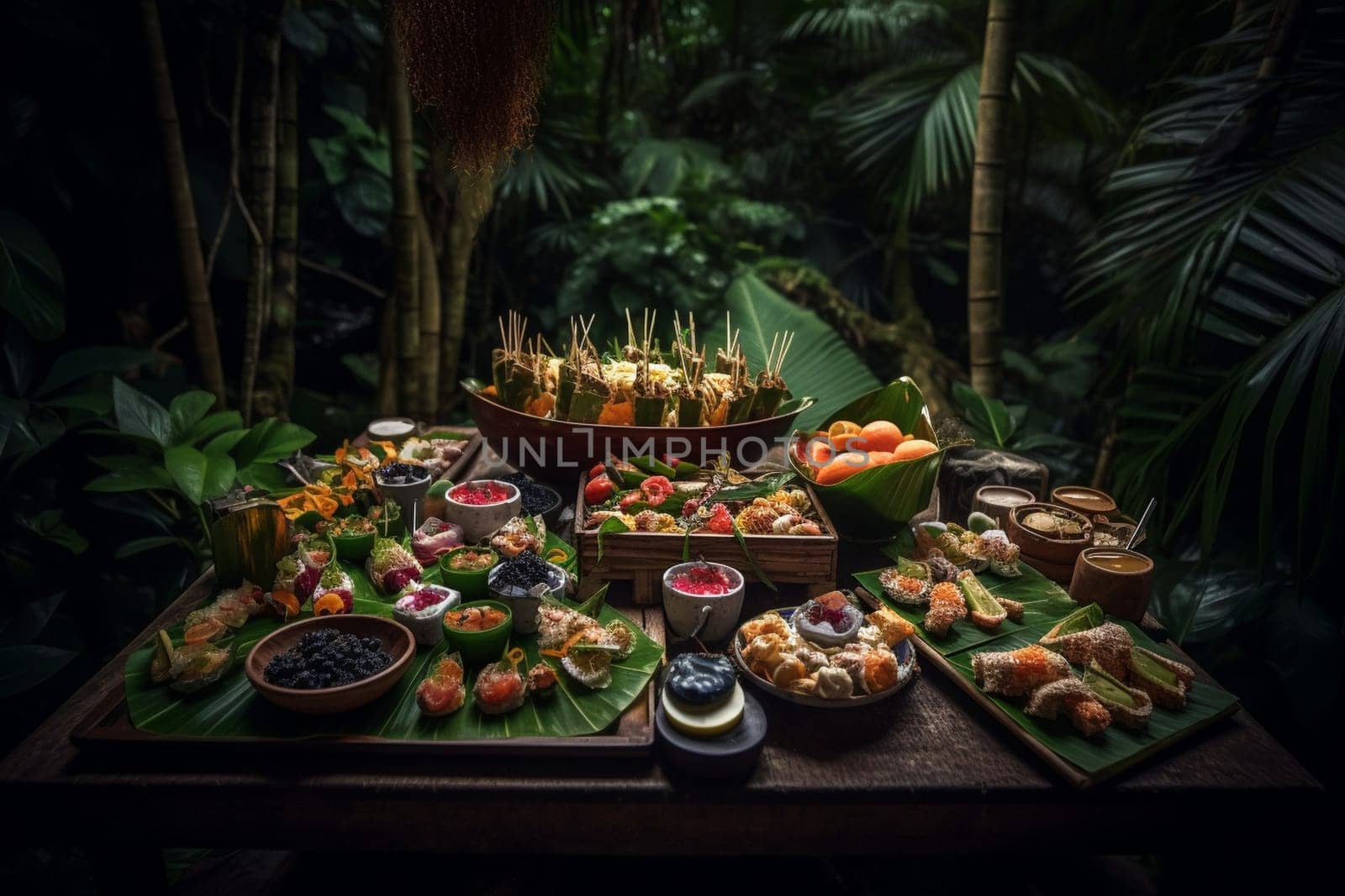 An exotic buffet under a bamboo canopy in a tropical garden (generative AI)