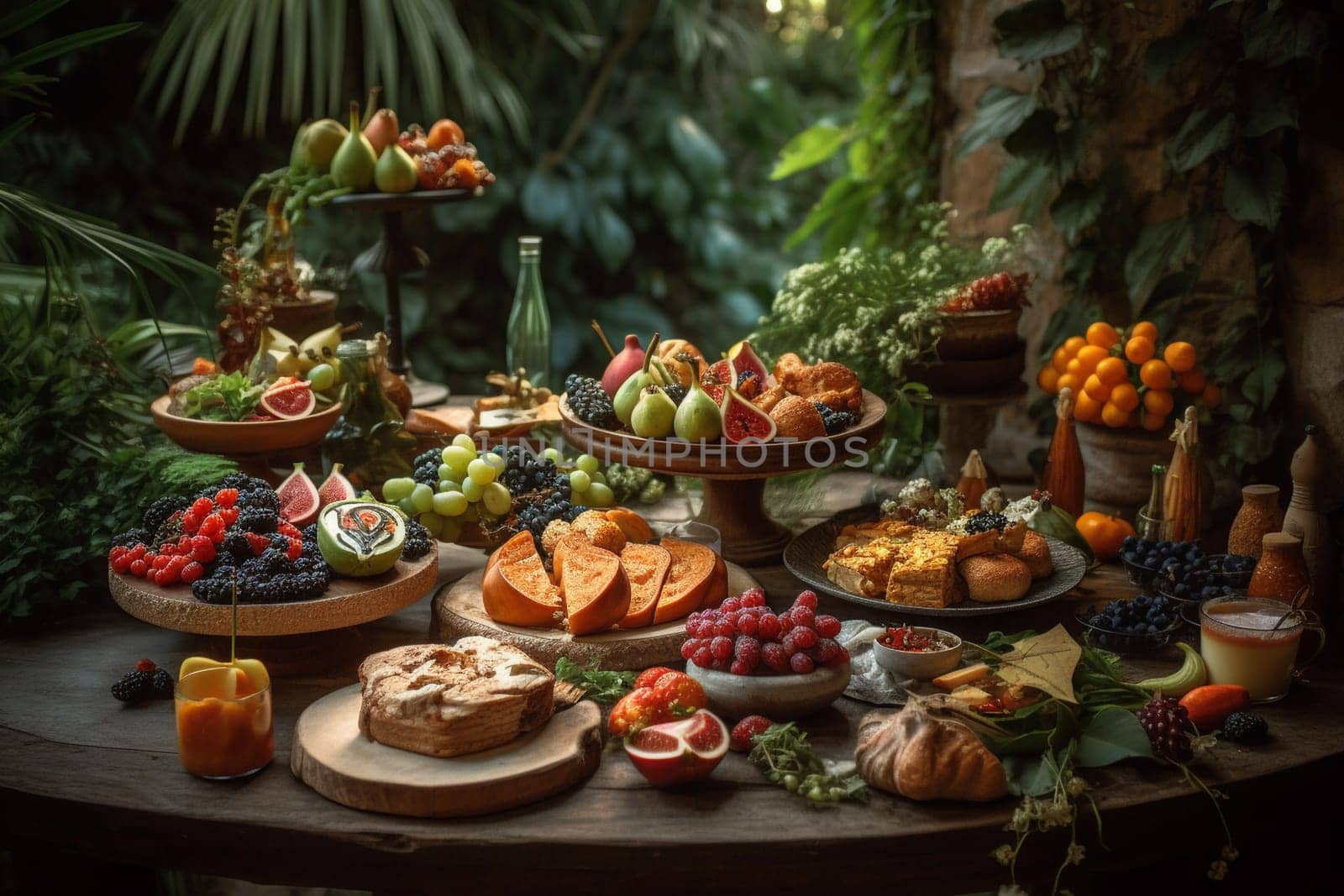 Experience our vegan buffet that’s served within a serene garden setting. It’s a meal that’s both healthy and tranquil! (generative AI)