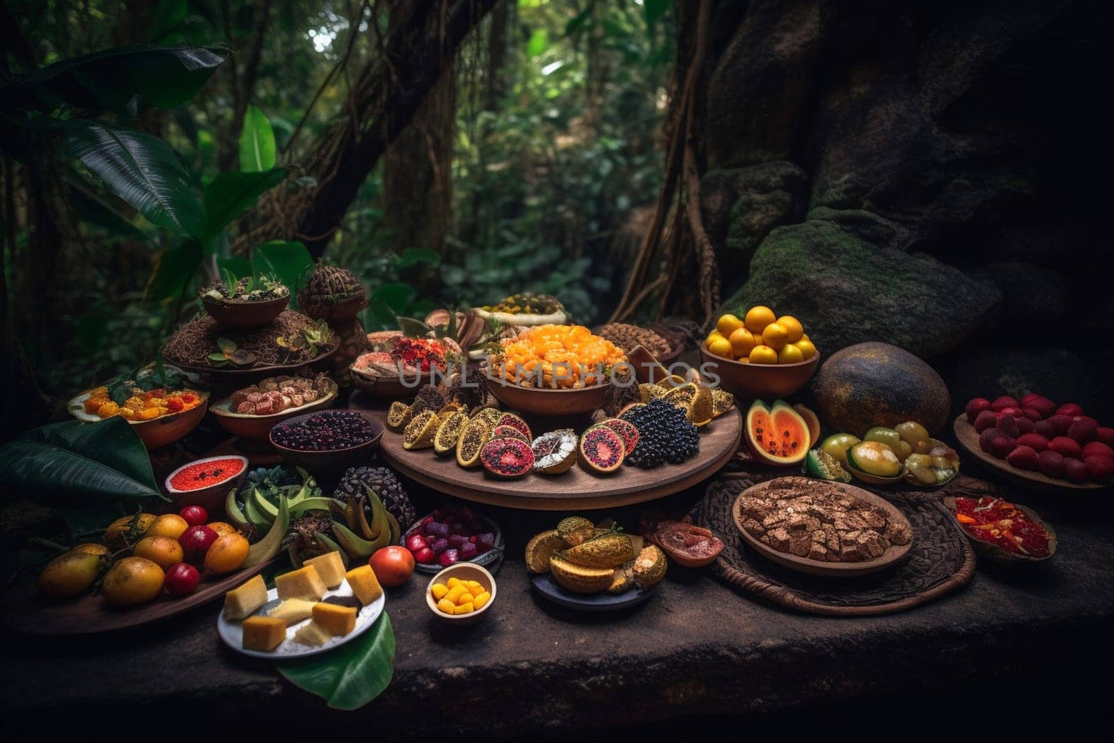 An exotic vegetarian buffet in the jungle (generative AI)