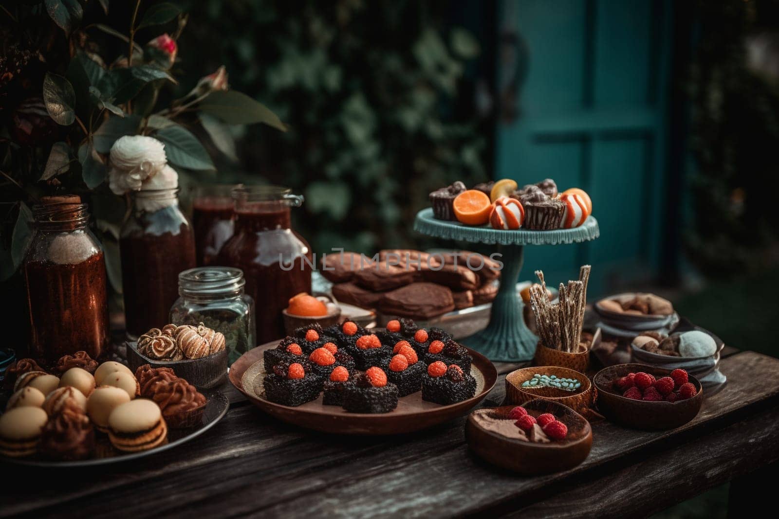 An indulgent chocolate buffet in the garden (generative AI)