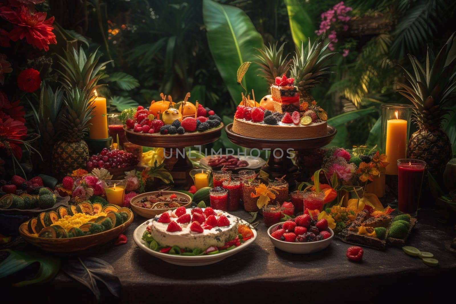 An exotic buffet in a tropical garden (generative AI)