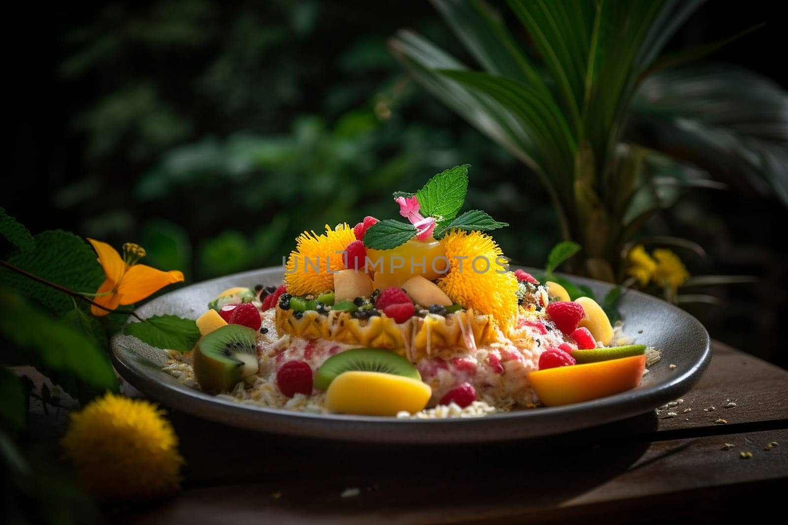 Fresh cut fruits paired with a hint of mint, on a table set in the midst of a lush garden. (generative AI)