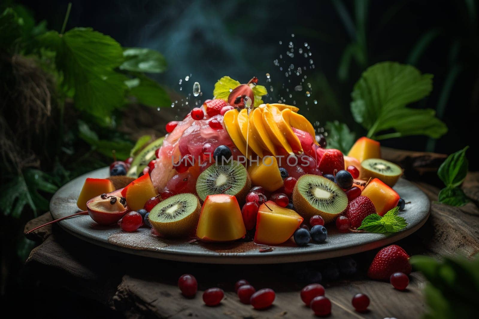 Fresh cut fruits paired with a hint of mint, on a table set in the midst of a lush garden. (generative AI)