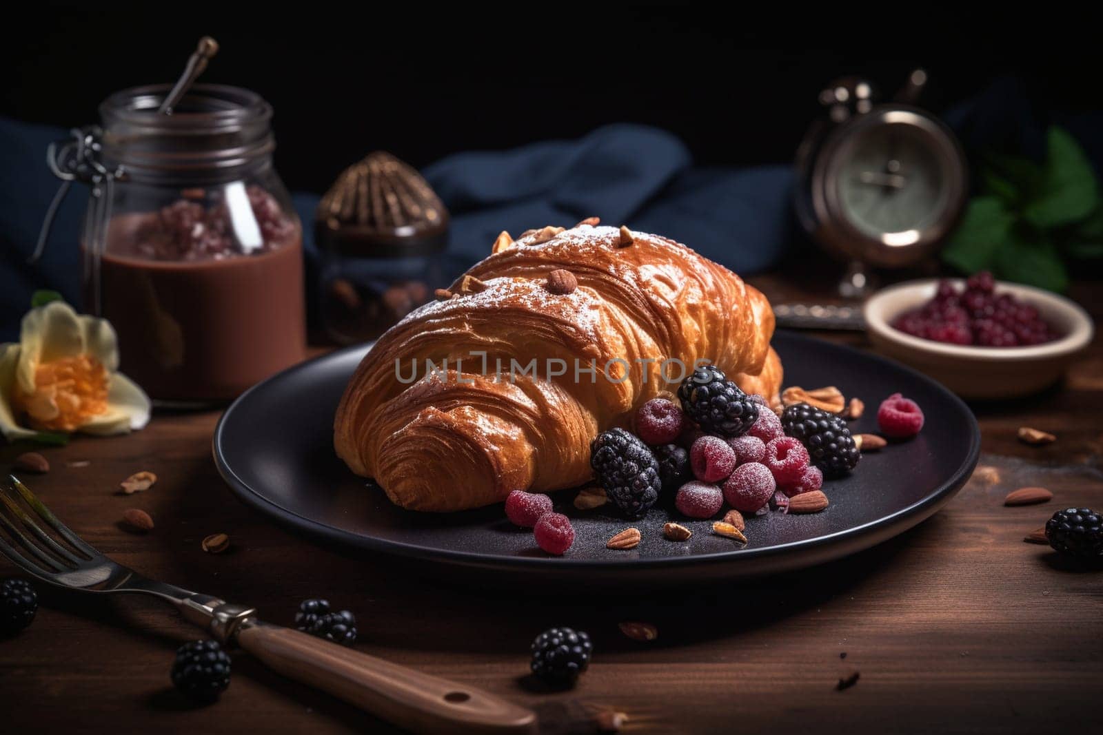 Decadent chocolate croissant at a café (generative AI)