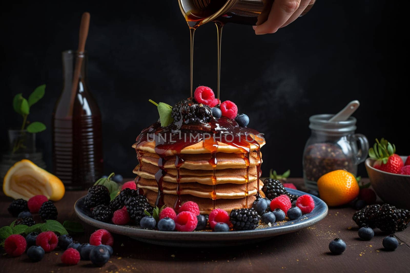 Yummy fluffy pancakes stacked up high and served with your favorite toppings for a perfect brunch (generative AI)