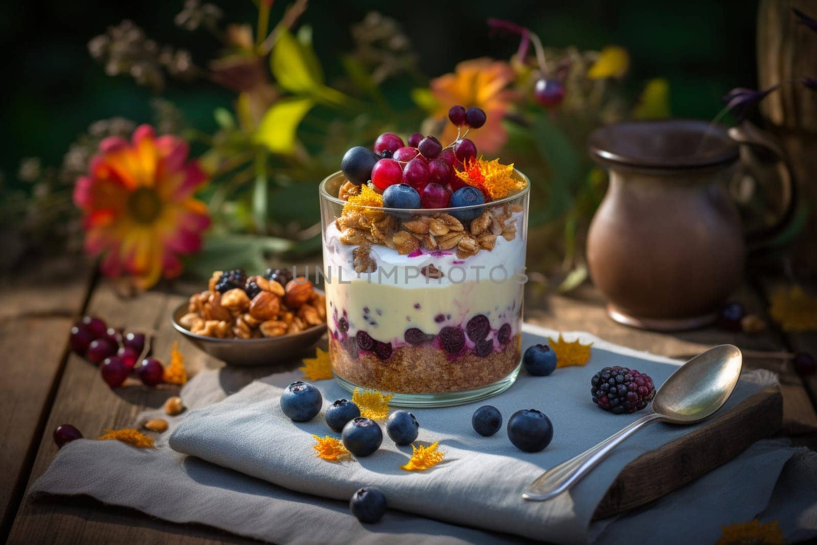 Crunchy granola parfait in a park (generative AI)