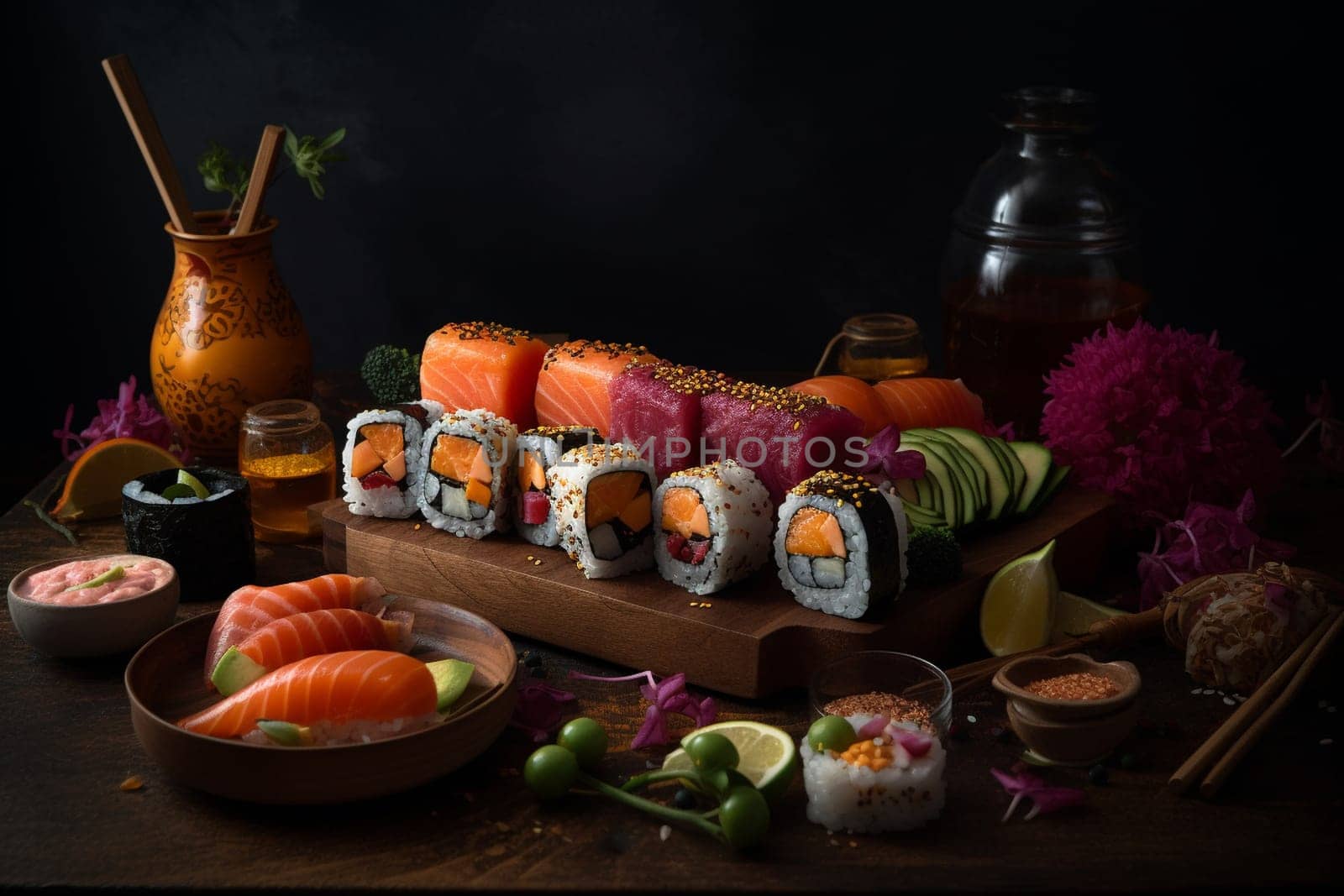 Beautiful and exotic sushi platter served for a romantic date night, perfect for sushi lovers and adventurous eaters (generative AI)