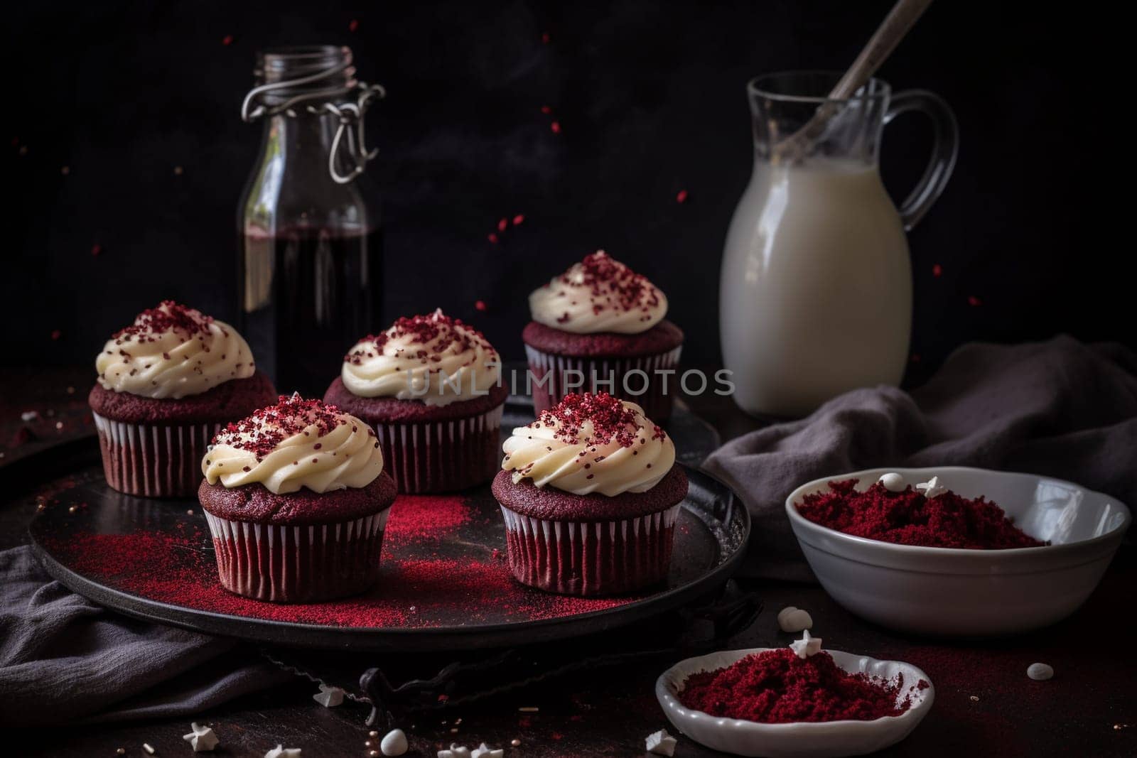 Delicious red velvet cupcakes with cream cheese frosting (generative AI)