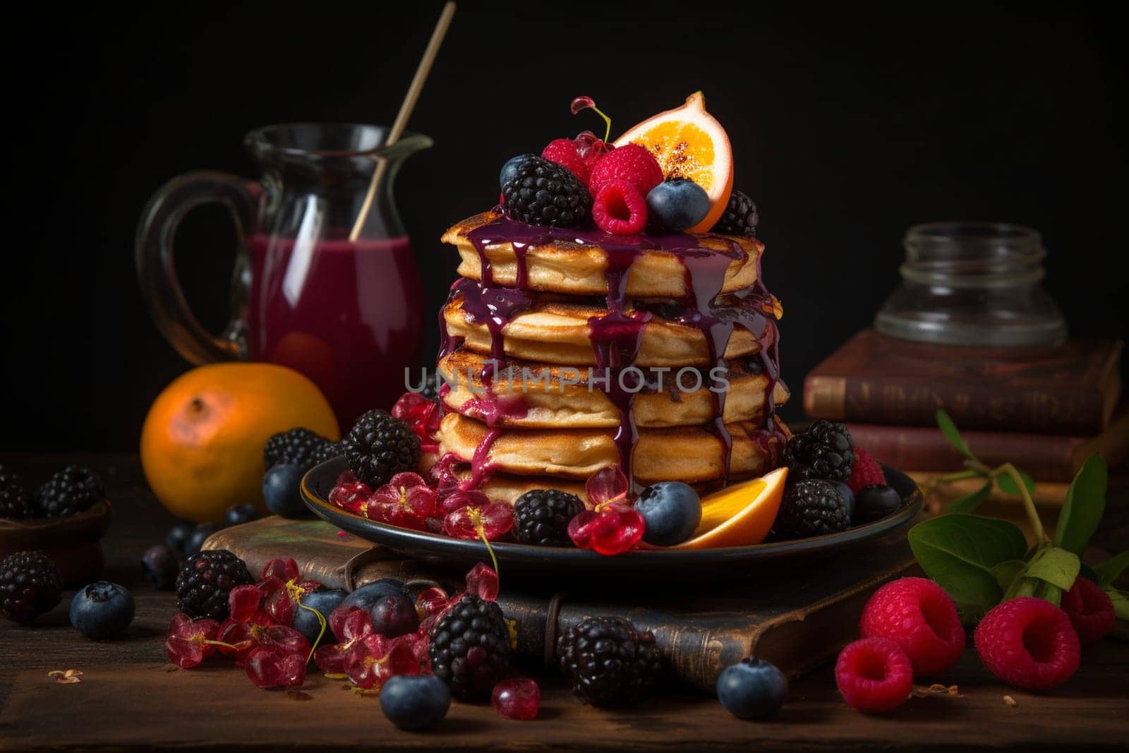 Yummy fluffy pancakes stacked up high and served with your favorite toppings for a perfect brunch (generative AI)