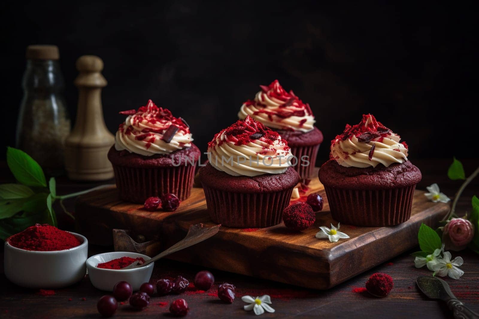 Delicious red velvet cupcakes with cream cheese frosting (generative AI)