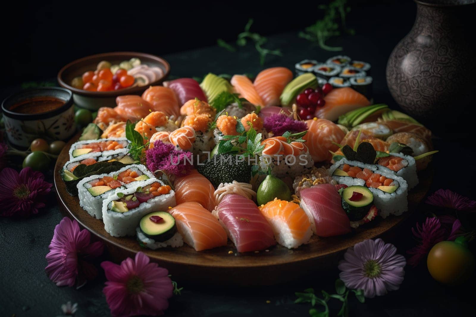 Beautiful and exotic sushi platter served for a romantic date night, perfect for sushi lovers and adventurous eaters (generative AI)