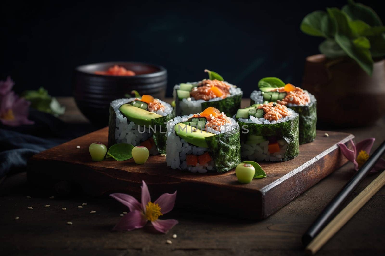Fresh avocado and crunchy cucumber wrapped in sticky rice and seaweed (generative AI)