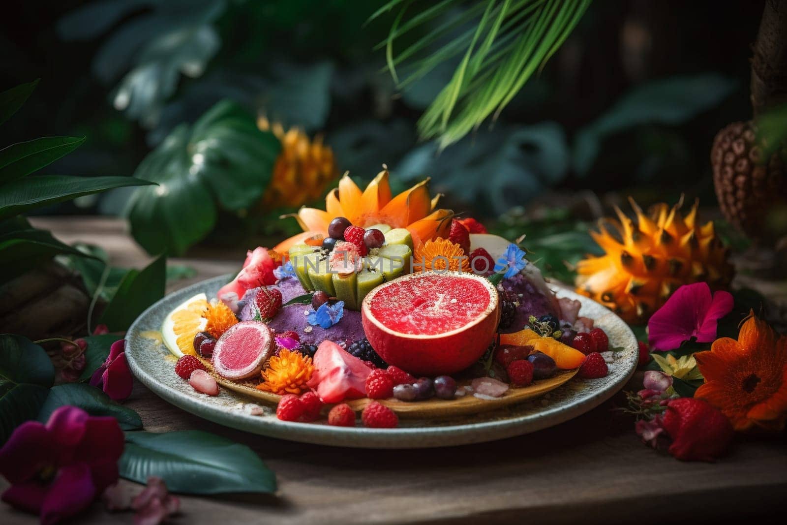 Fresh cut fruits paired with a hint of mint, on a table set in the midst of a lush garden. (generative AI)