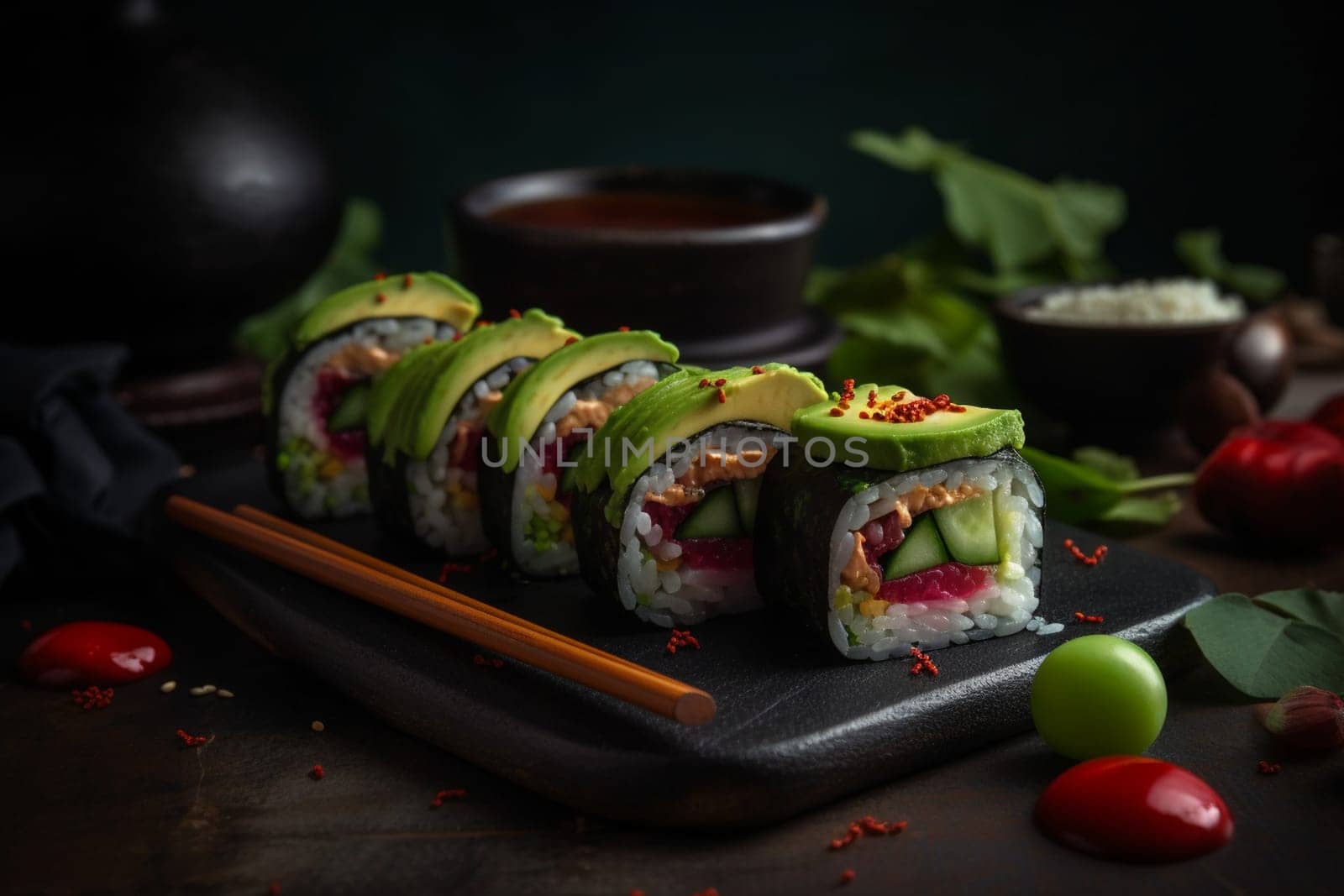 Fresh avocado and crunchy cucumber wrapped in sticky rice and seaweed (generative AI)