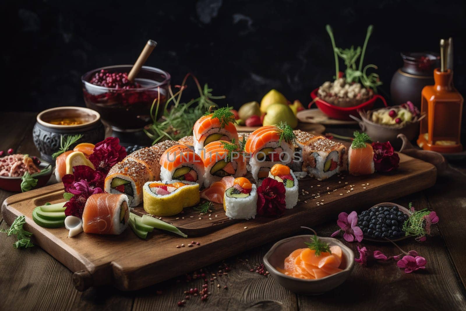 Beautiful and exotic sushi platter served for a romantic date night, perfect for sushi lovers and adventurous eaters (generative AI)