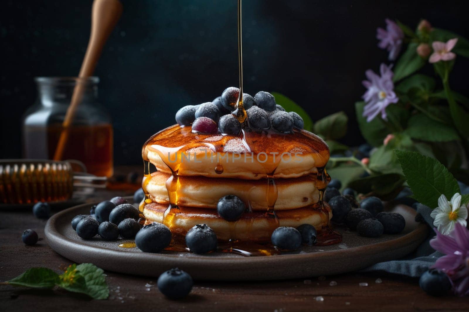 Thick and fluffy pancakes studded with juicy blueberries and drenched in syrup (generative AI)