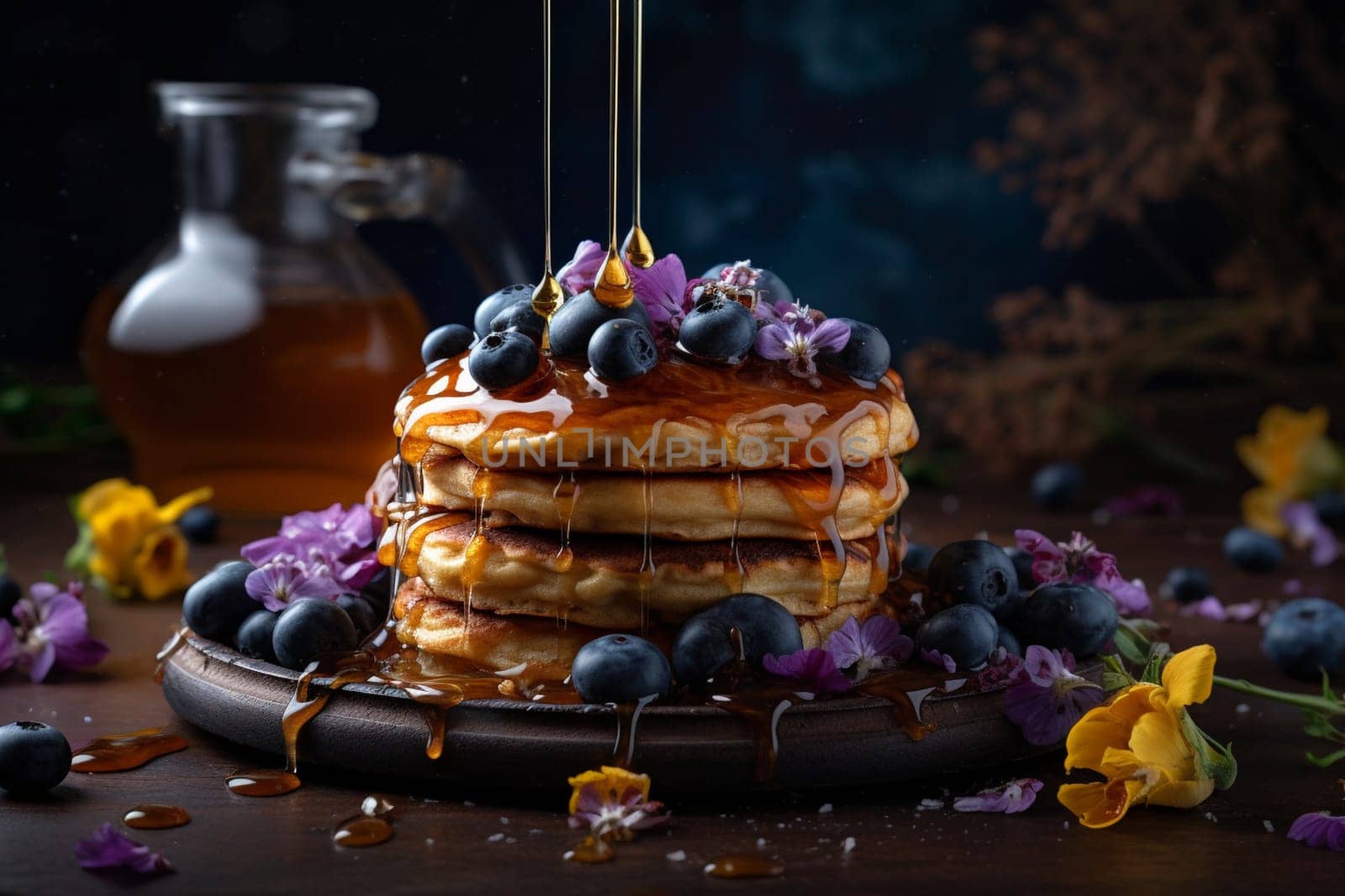 Thick and fluffy pancakes studded with juicy blueberries and drenched in syrup (generative AI)