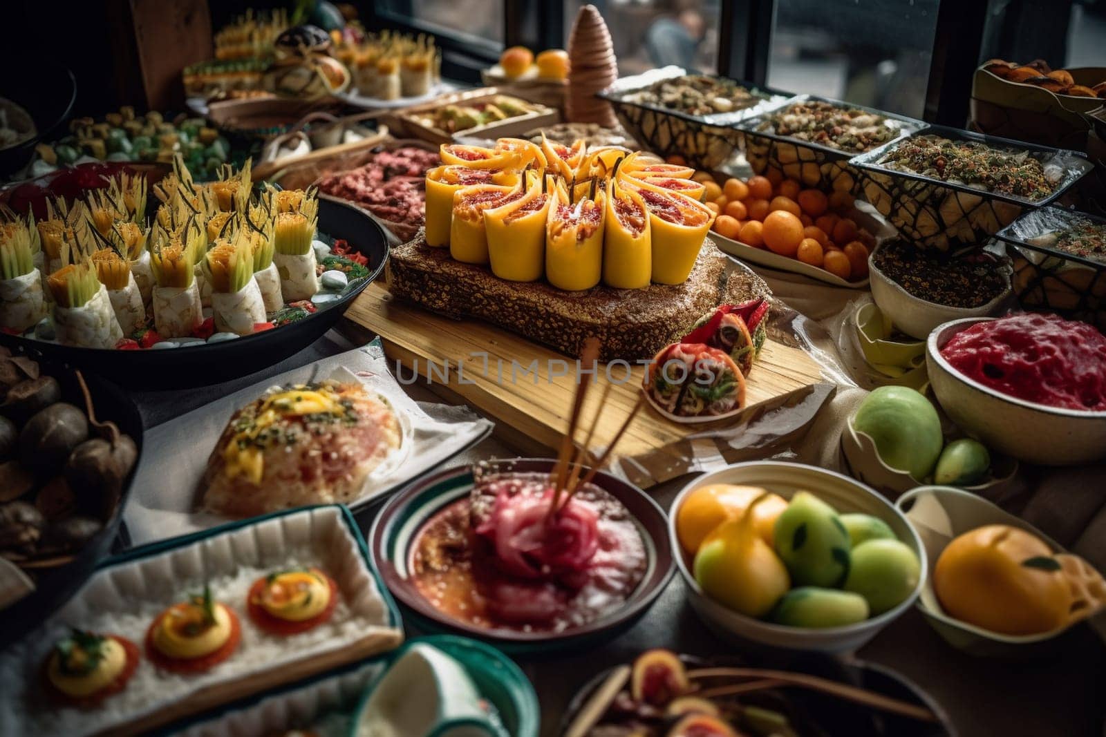 An international cuisine buffet at a university's cultural fair (generative AI)