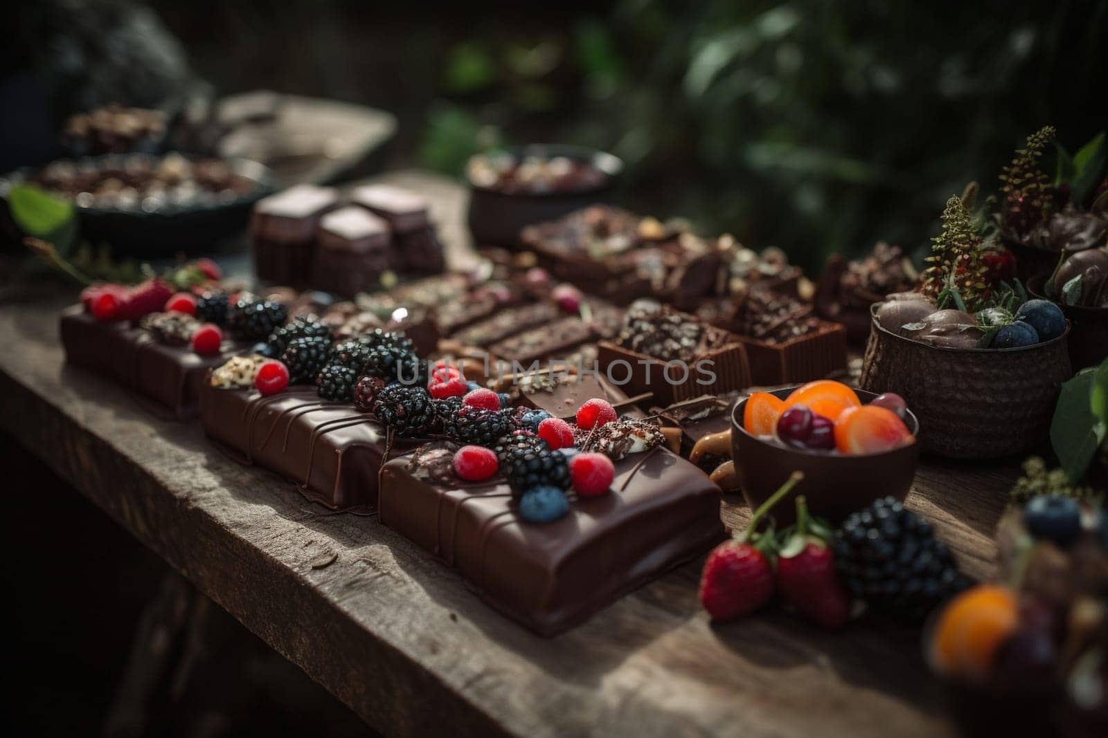 An indulgent chocolate buffet in the garden (generative AI)