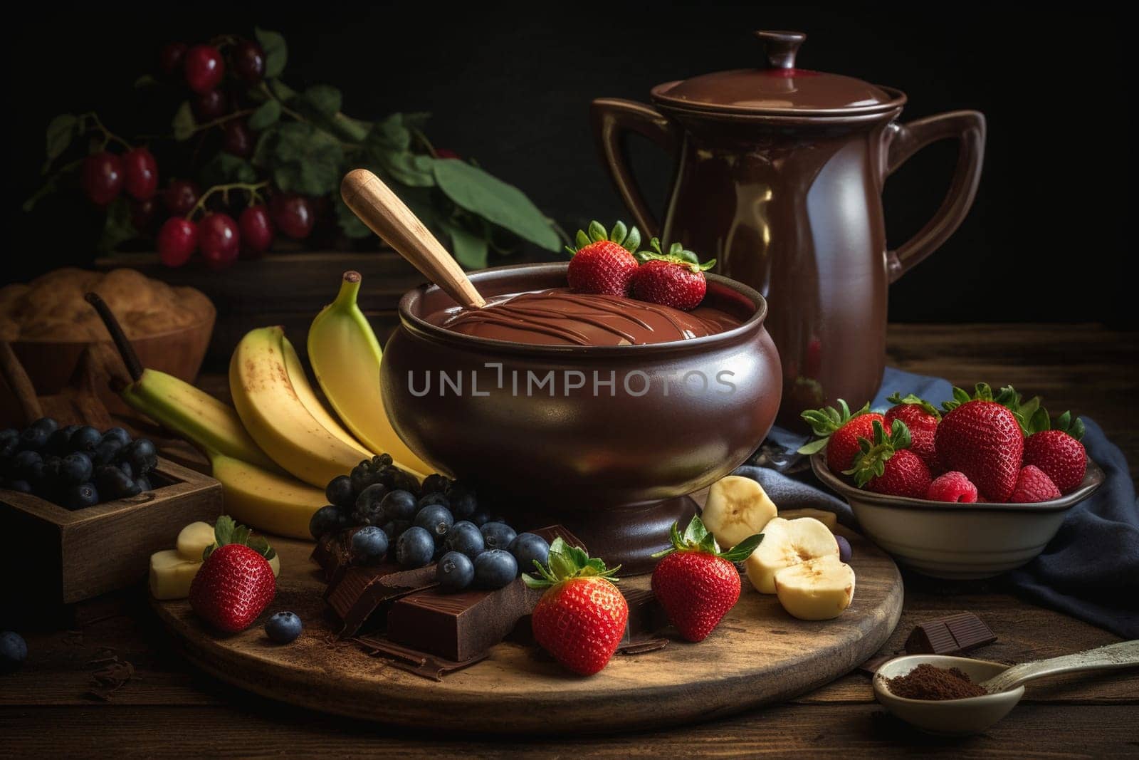 An indulgent chocolate fondue with fruit (generative AI)