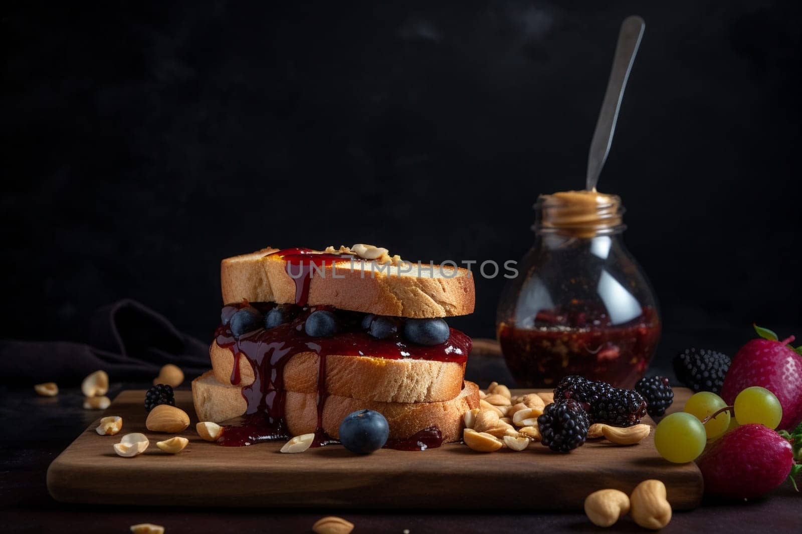 Layers of creamy peanut butter and sweet jelly sandwiched between slices of bread (generative AI)