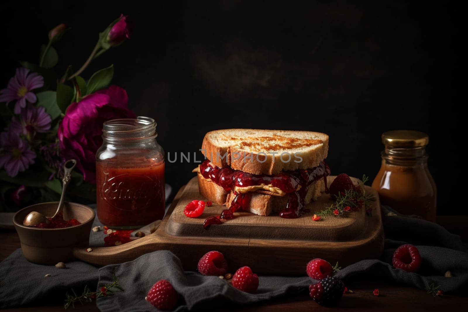 Layers of creamy peanut butter and sweet jelly sandwiched between slices of bread (generative AI)