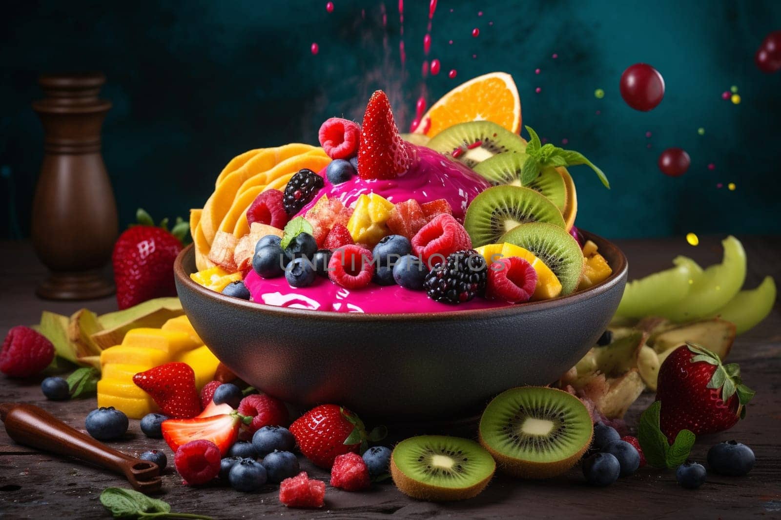 A refreshing smoothie bowl filled with colorful tropical fruits (generative AI)
