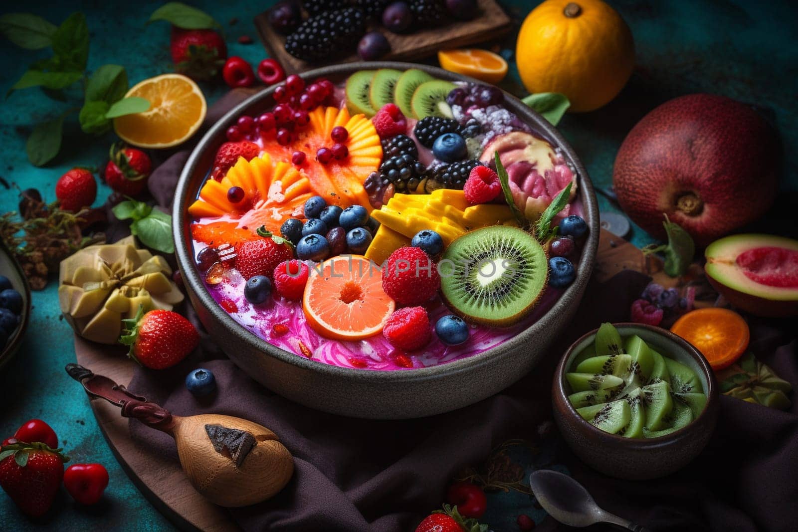 A refreshing smoothie bowl filled with colorful tropical fruits (generative AI)