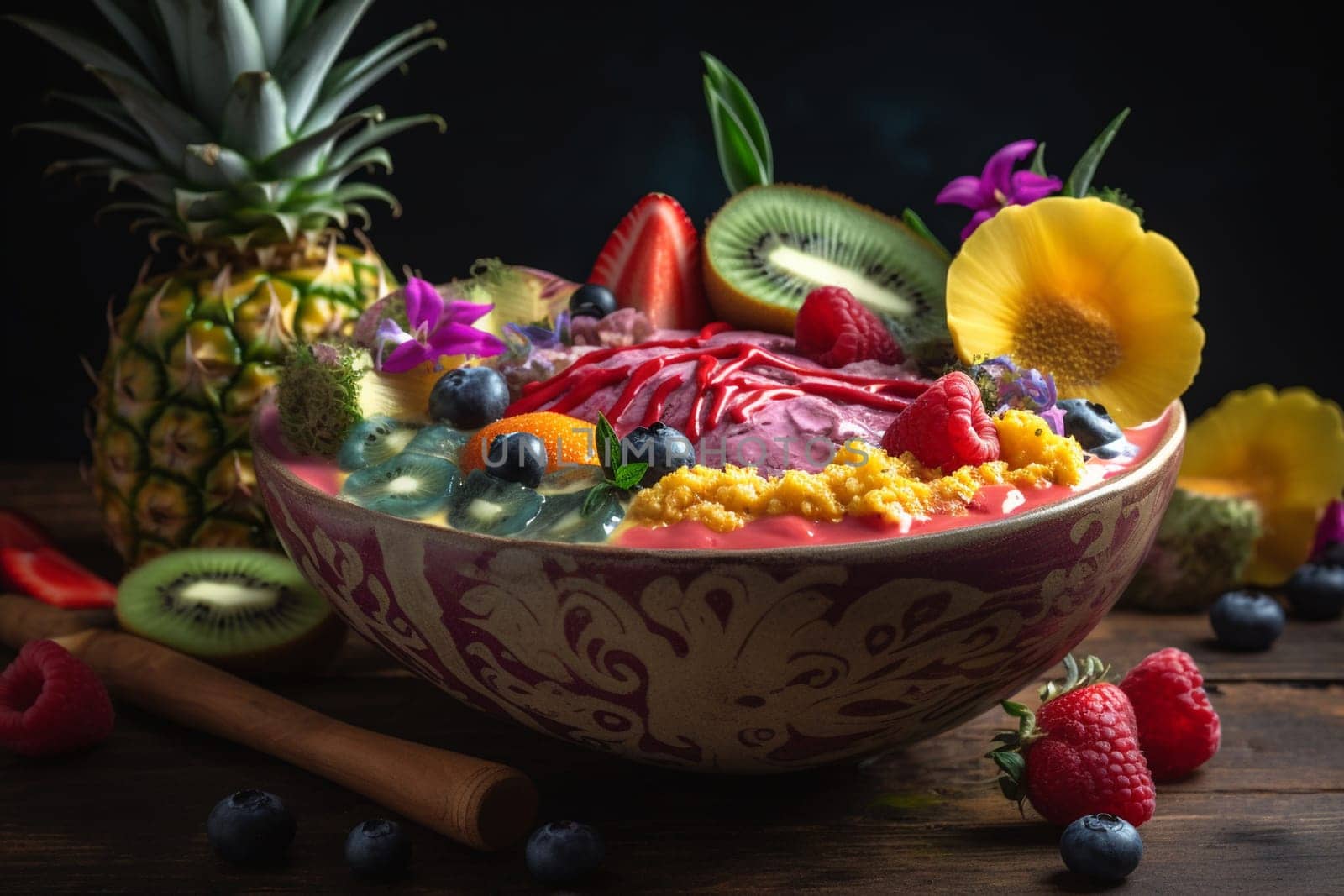 A refreshing smoothie bowl filled with colorful tropical fruits (generative AI)
