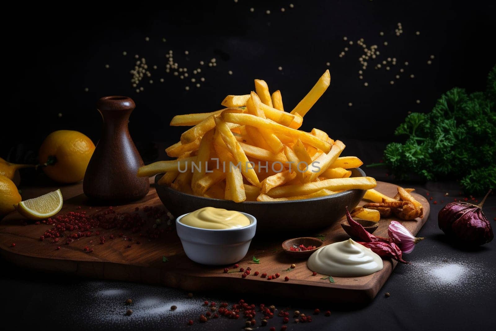 Crispy golden fries with a side of garlic aioli (generative AI)