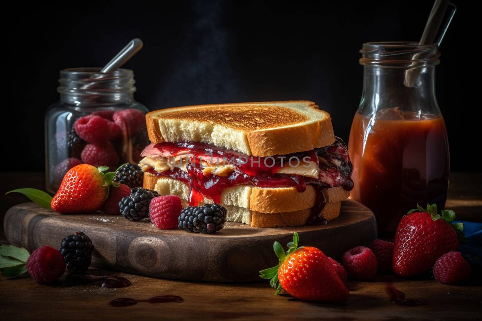 Layers of creamy peanut butter and sweet jelly sandwiched between slices of bread (generative AI)
