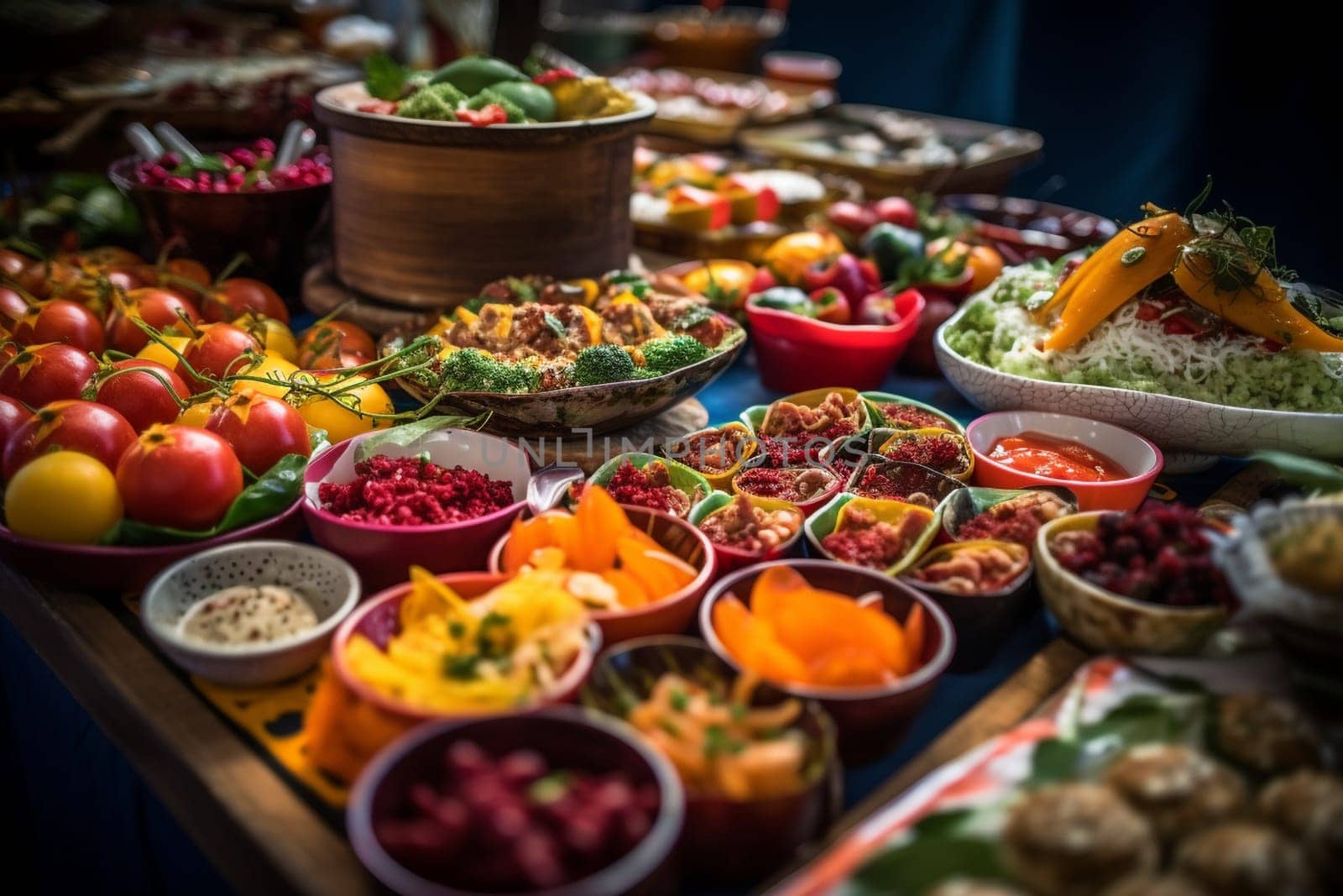 Savor an international buffet showcasing diverse cuisines at a cultural festival (generative AI)