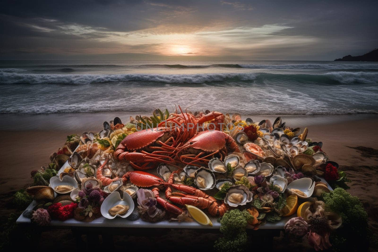 Indulge in a luxurious seafood buffet with stunning ocean views on the beach (generative AI)