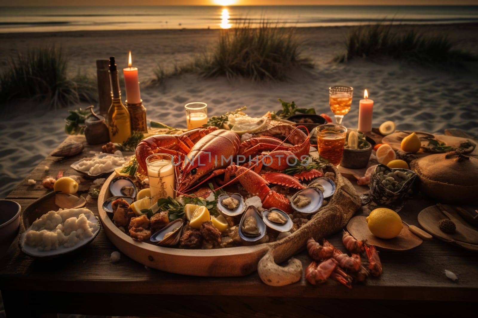 Indulge in a luxurious seafood buffet with stunning ocean views on the beach (generative AI)