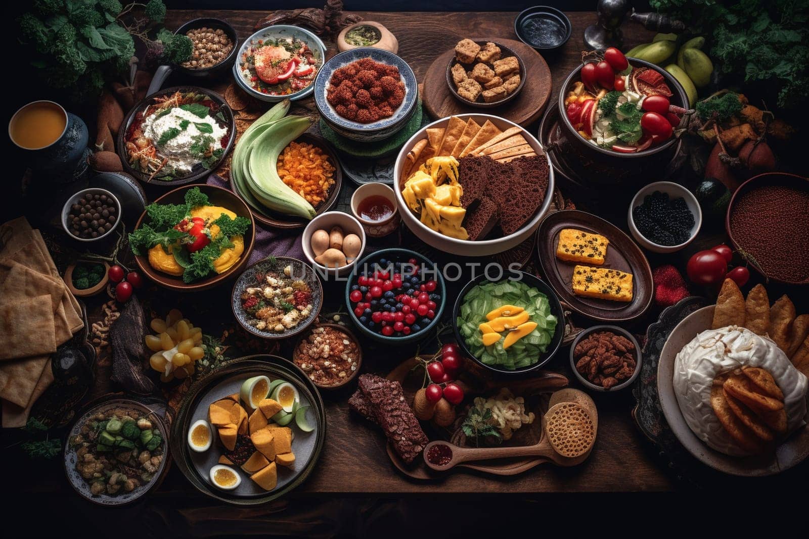 Savor an international buffet showcasing diverse cuisines at a cultural festival (generative AI)