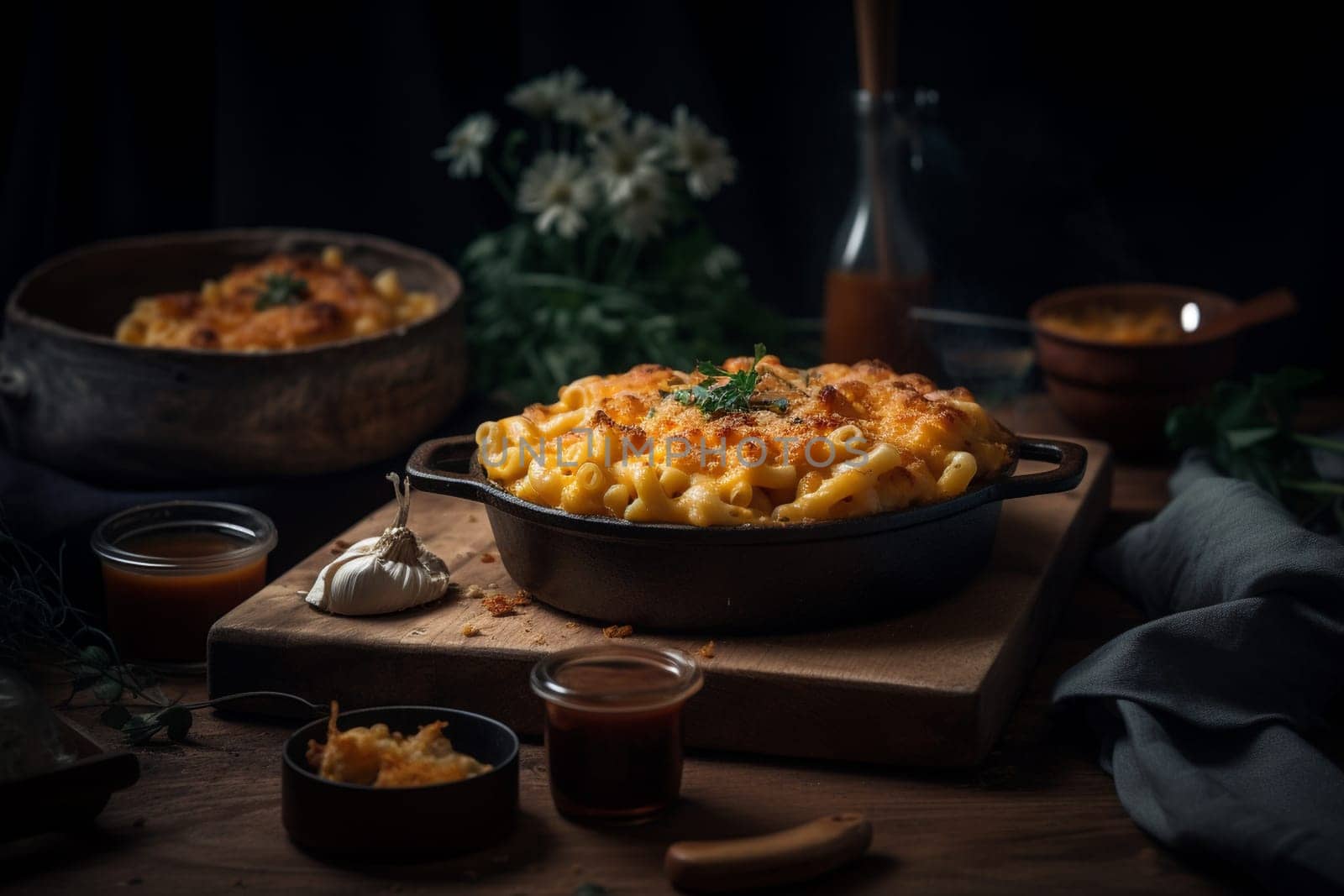 Comforting and indulgent mac and cheese, the perfect dish for a cozy night in with a movie (generative AI)