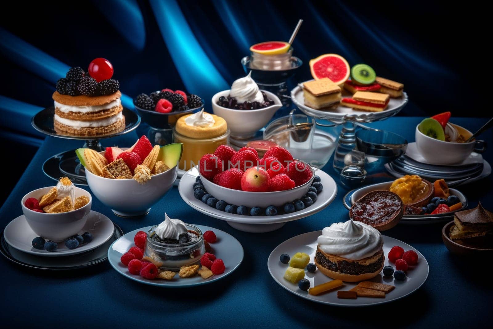 Indulge in a midnight buffet complete with desserts and music aboard a luxurious cruise (generative AI)