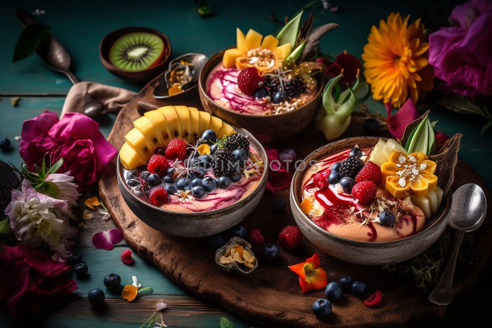 Colorful and nutrient-packed smoothie bowls served in a tropical paradise for the ultimate healthy and stunning breakfast (generative AI)