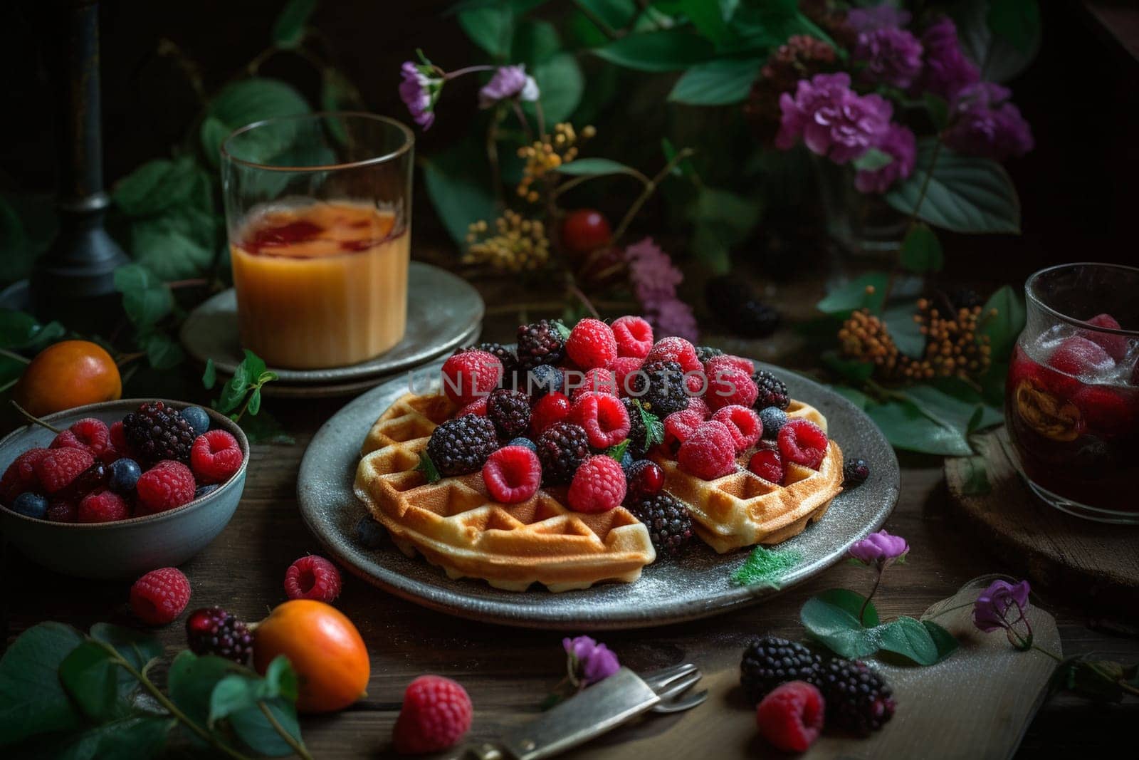 Crispy waffles with fresh berries in a garden (generative AI)