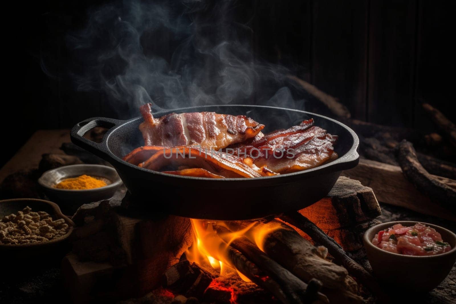Sizzling bacon on a mountain cabin (generative AI)