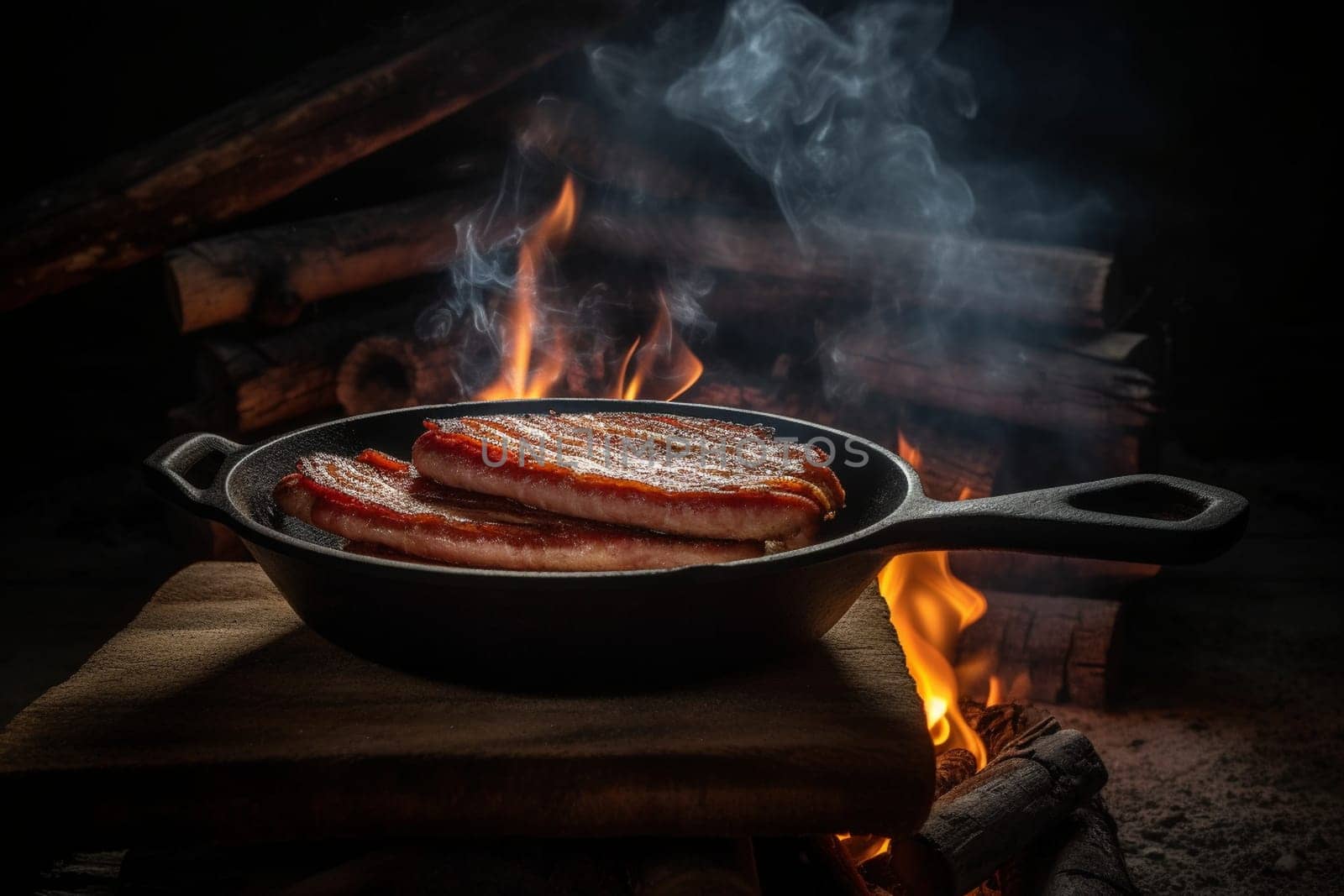 Sizzling bacon on a mountain cabin (generative AI)