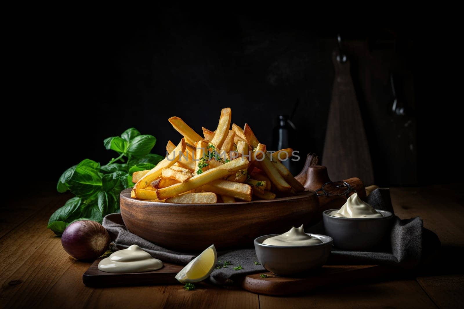 Crispy golden fries with a side of garlic aioli (generative AI)