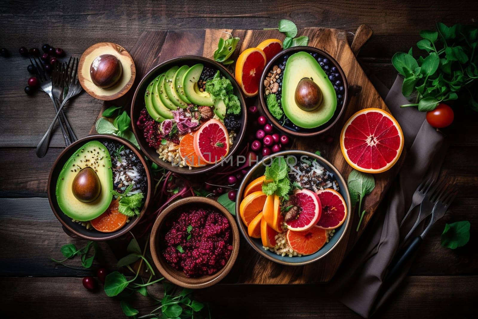 Fresh and colorful poke bowls filled with protein and yummy veggies, the perfect healthy lunch to fuel your day (generative AI)