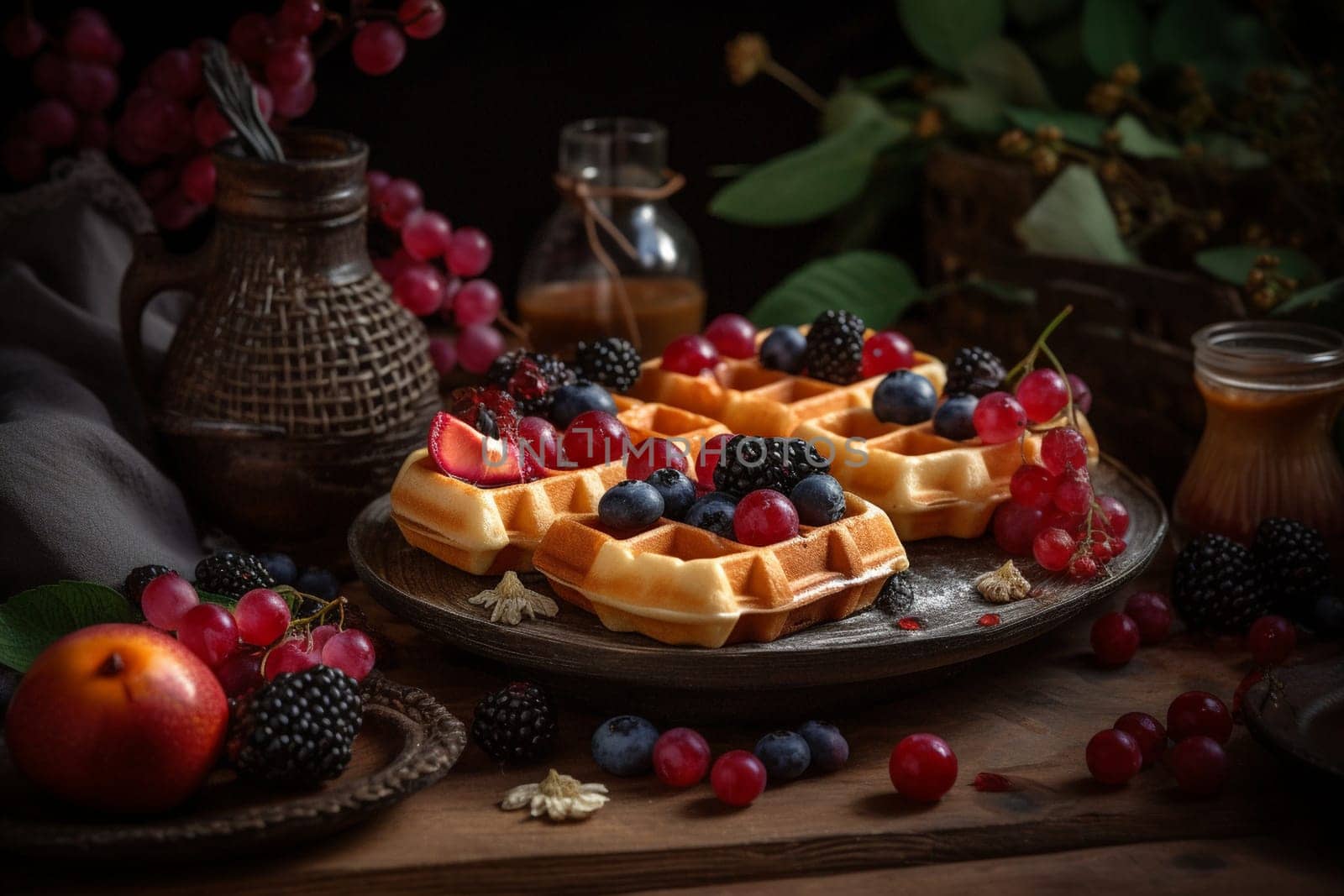 Crispy waffles with fresh berries in a garden (generative AI)