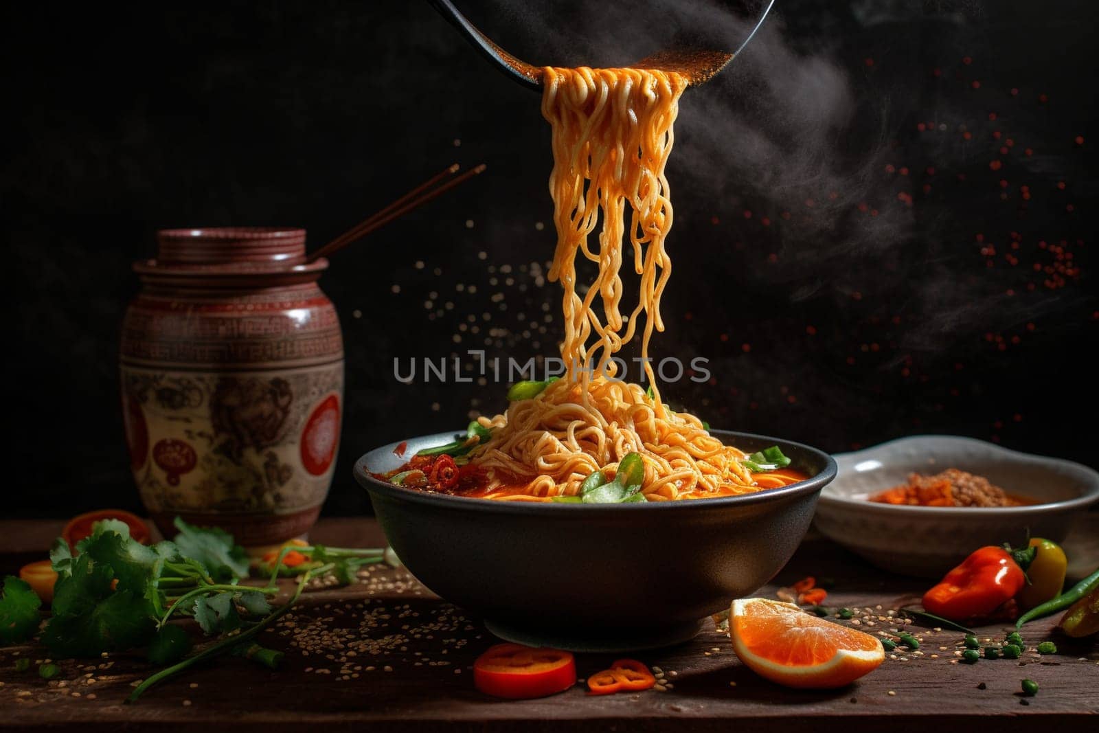 Deliciously spicy ramen served by a bustling street vendor for a satisfying lunch on the go (generative AI)