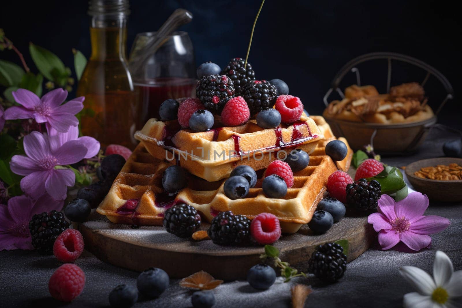 Crispy waffles with fresh berries in a garden (generative AI)