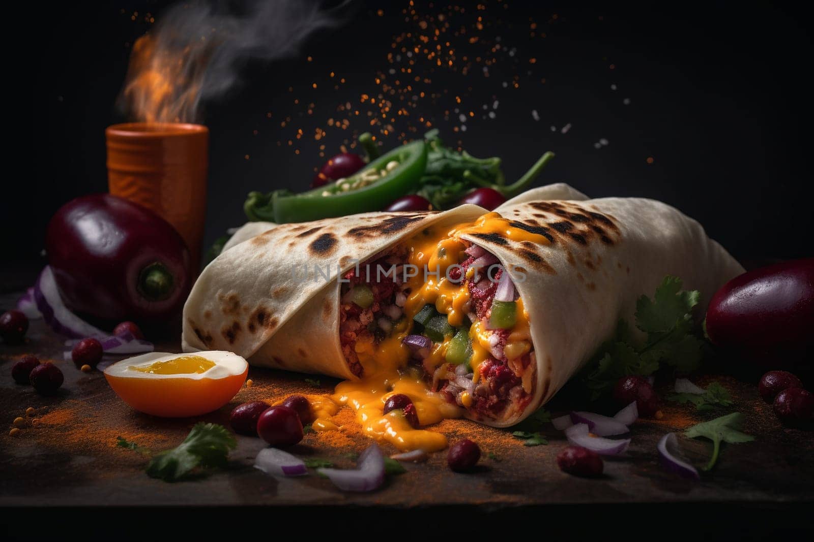 Spicy breakfast burrito in a food truck (generative AI)