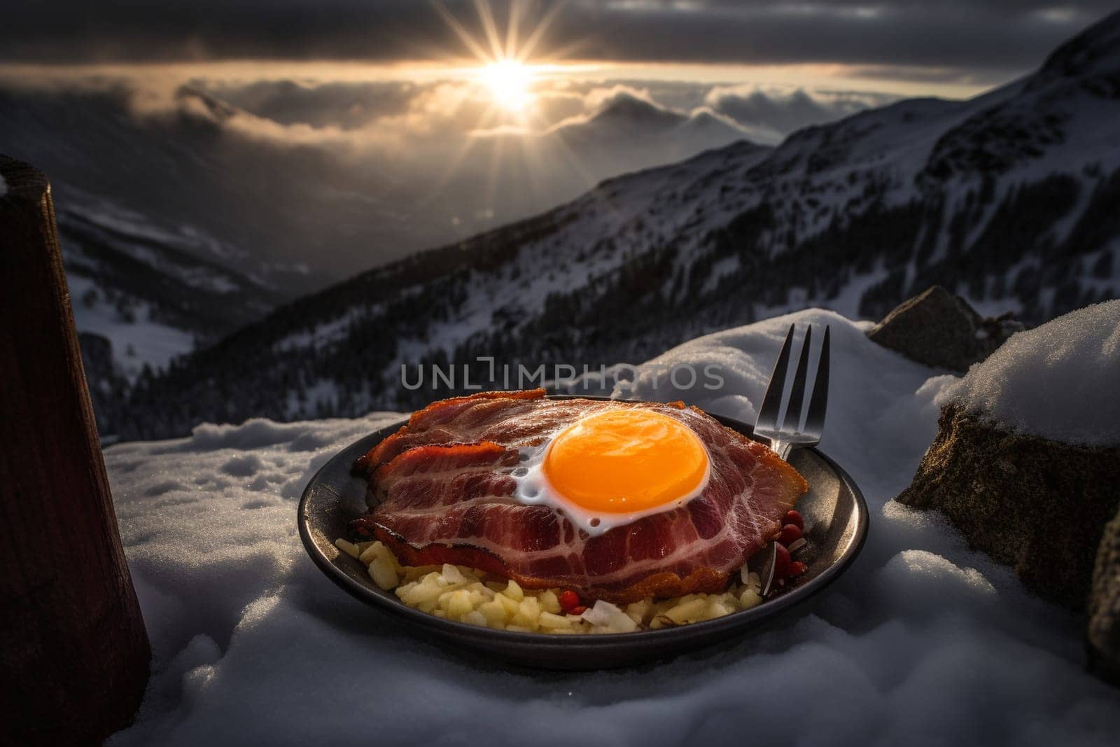 Sizzling bacon on a mountain cabin (generative AI)