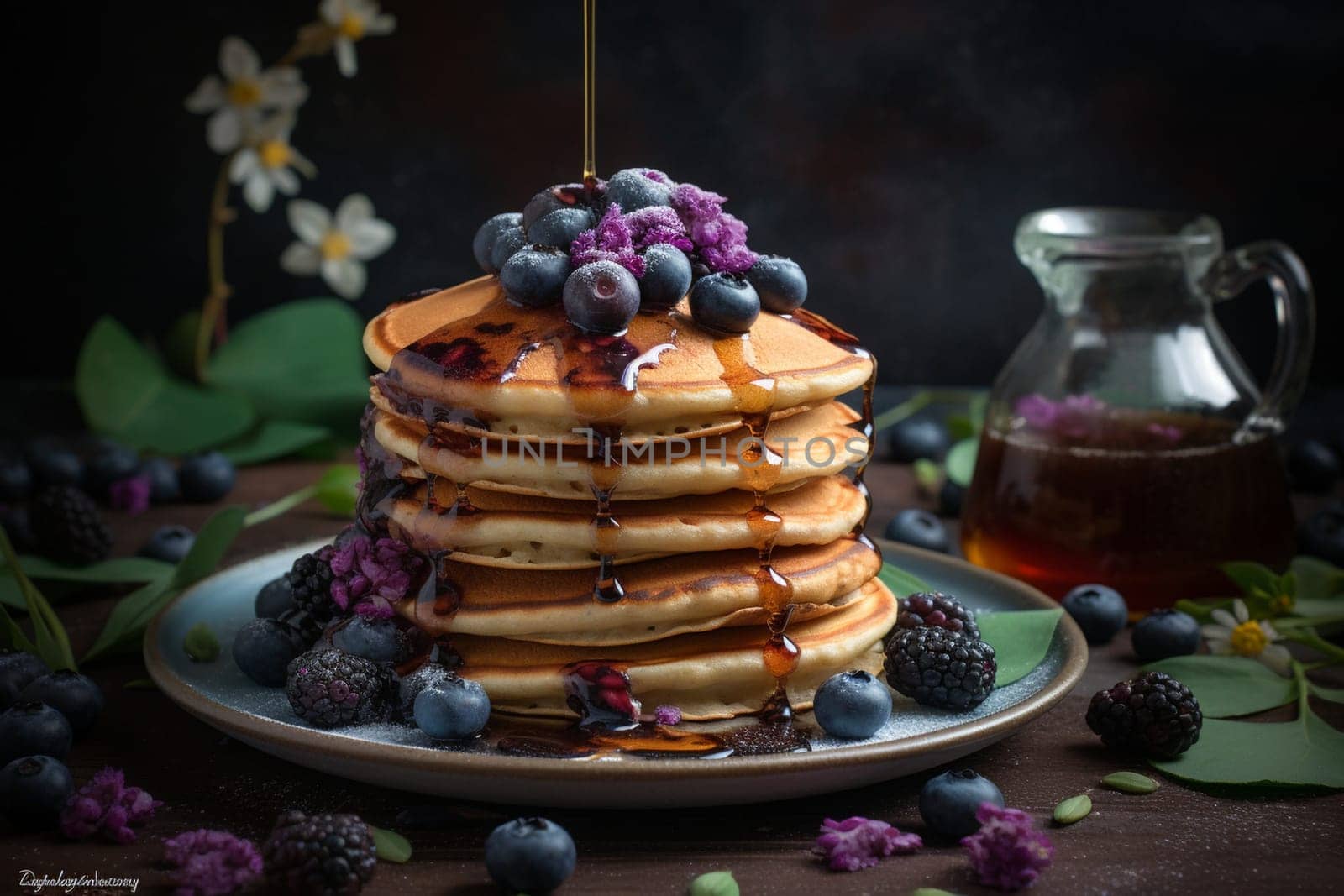 Thick and fluffy pancakes studded with juicy blueberries and drenched in syrup (generative AI)
