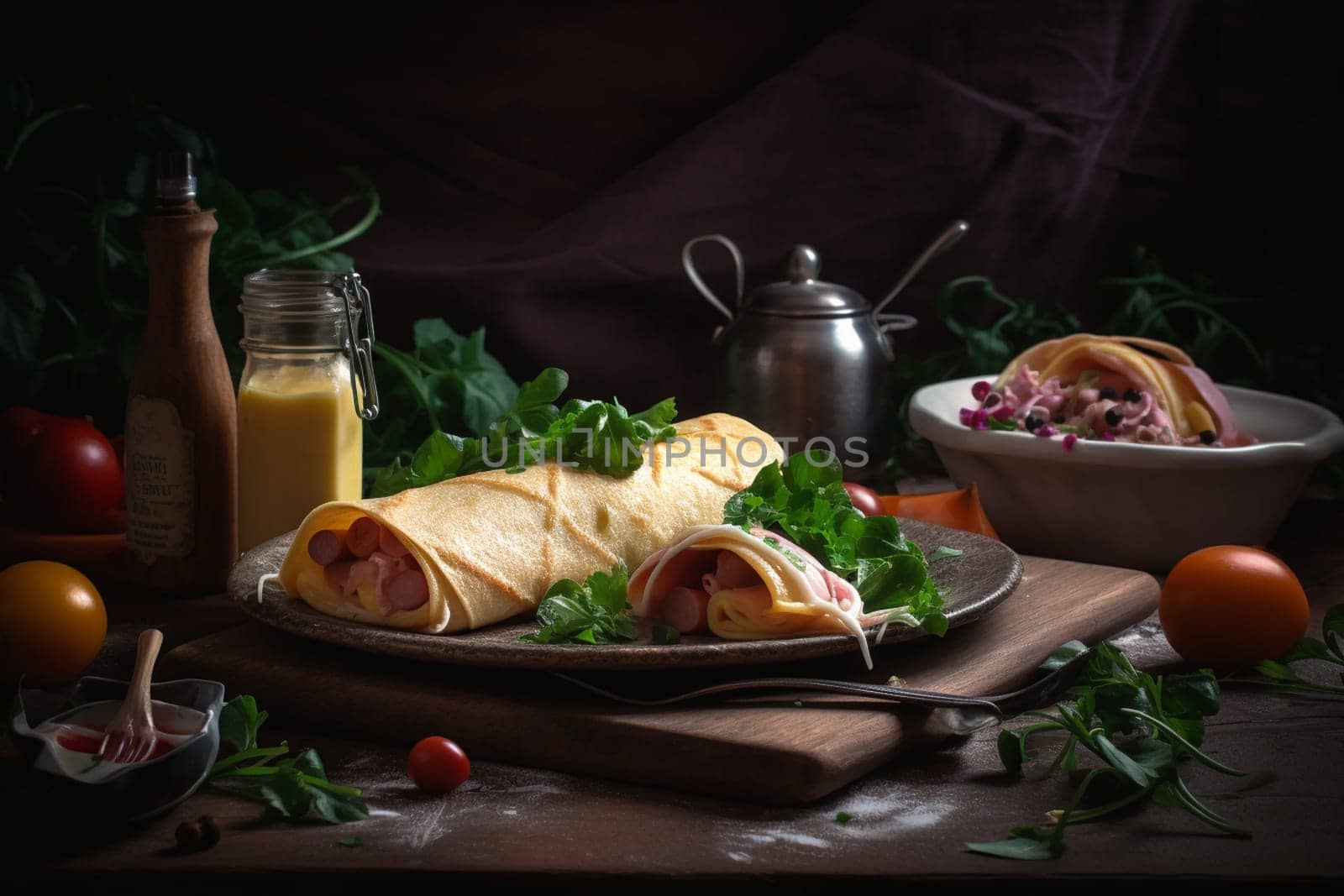 Thin crepes filled with salty ham and gooey melted cheese (generative AI)